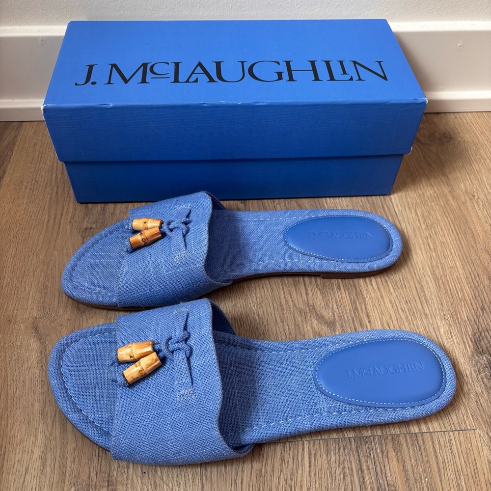 J. McLaughlin Women’s Ciara Linen Slip On Tassle Sandles French Blue Size 9.5